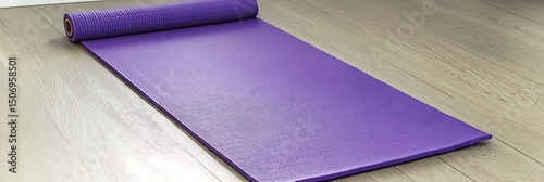 Glossy purple yoga mat placed neatly on a wooden floor isolated from clutter