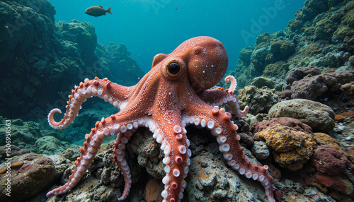 Octopus resting on rocks in clear blue ocean water   photo