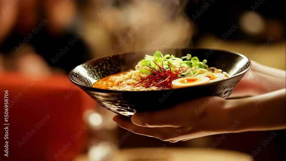 Steaming hot ramen bowl with soft boiled eggs and fresh toppings served