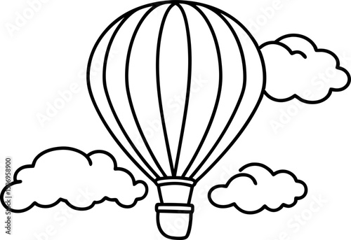 Hot air balloon outline with clouds in minimalist for coloring