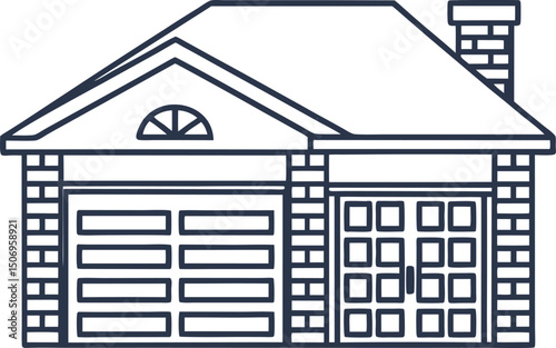 minimalist home icon, garage and chimney feature simple black outline, modern building design
