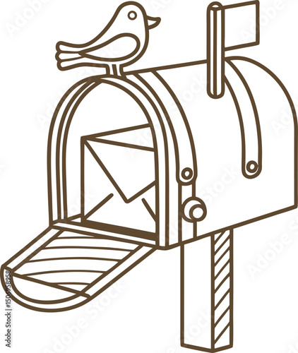 Mailbox with bird perched, envelope inside illustrative mail delivery concept