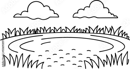 Calm pond with surrounding grass and clouds in a simple black line drawing