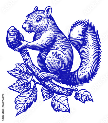 Detailed Engraving of a Squirrel Holding Acorn on Branch