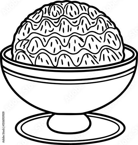 black and white illustration of a dessert bowl, perfect for coloring ice cream scoop, wavy patterns