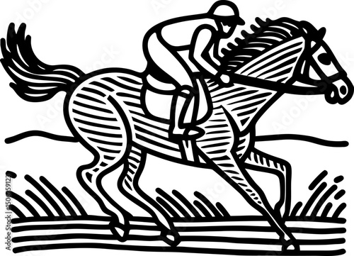 jockey racing horse illustration black and white drawing, equestrian sport, speed competition art