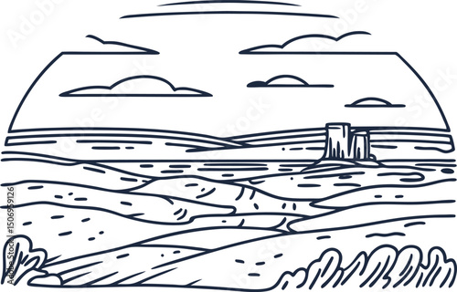 Rural landscape sketch, scenic rolling fields and serene sky in countryside illustration