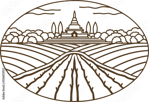 Temple landscape illustration with fields and trees in a serene line art