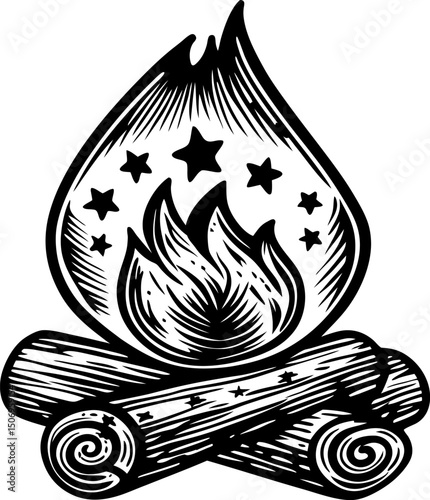 Woodcut campfire illustration with stars and logs rustic vintage design