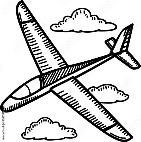 Hand drawn glider soaring with clouds black and white illustration of flight in clear sky