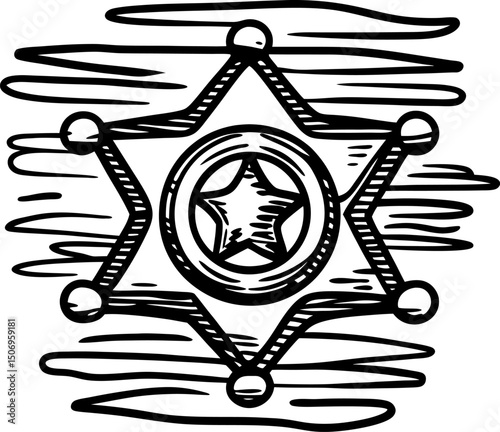 Sheriff badge emblem, outlined star design western authority symbol, vintage law enforcement icon