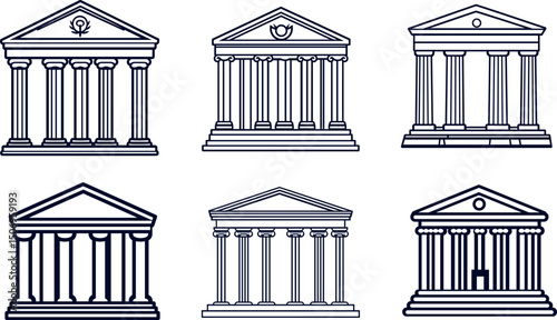 Six ancient greek temple illustrations isolated on white background
