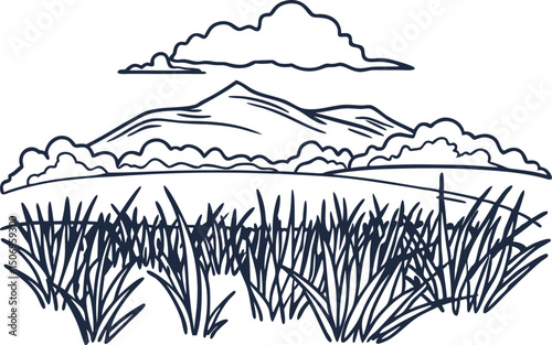 Mountain landscape illustration with grass and cloudy sky in black and white