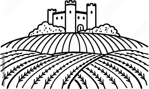 Medieval castle on farmland with rows of crops and scenic landscape outline