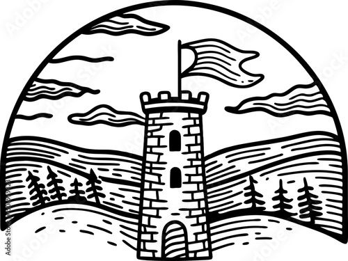 Castle tower sketch in countryside with trees and sky, flag waving atop historic structure