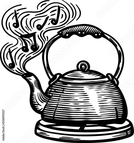 whistling kettle with musical notes steam vintage metal teapot illustration, sound concept