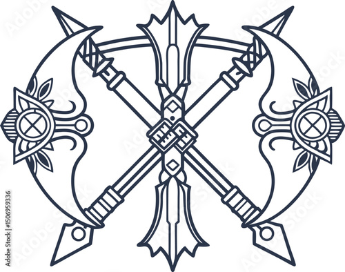 crossed ornamental axes with intricate detailing and tribal motifs, symmetrical weapon illustration