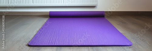 Glossy purple yoga mat placed neatly on a wooden floor isolated from clutter