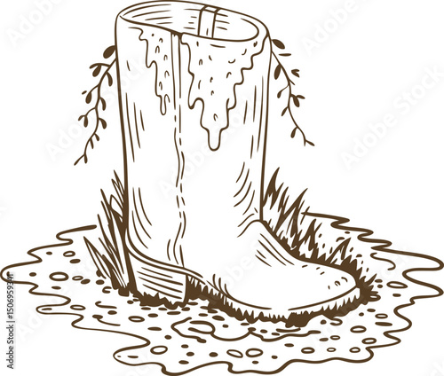 Muddy boot with grass and puddle hand drawn rustic illustration, nature outdoors adventure