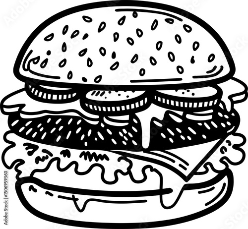 Illustrated cheeseburger with toppings and lettuce detailed in black and white