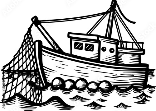 Fishing boat with net vintage sketch of ship at sea nautical theme, ocean vessel illustration