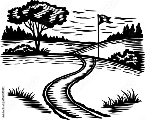 Scenic golf course landscape with winding path and flag, black and white illustration