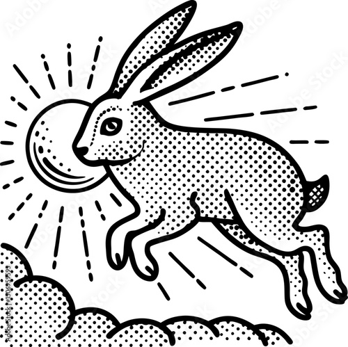 retro hopping hare illustration with sun motif in black and white