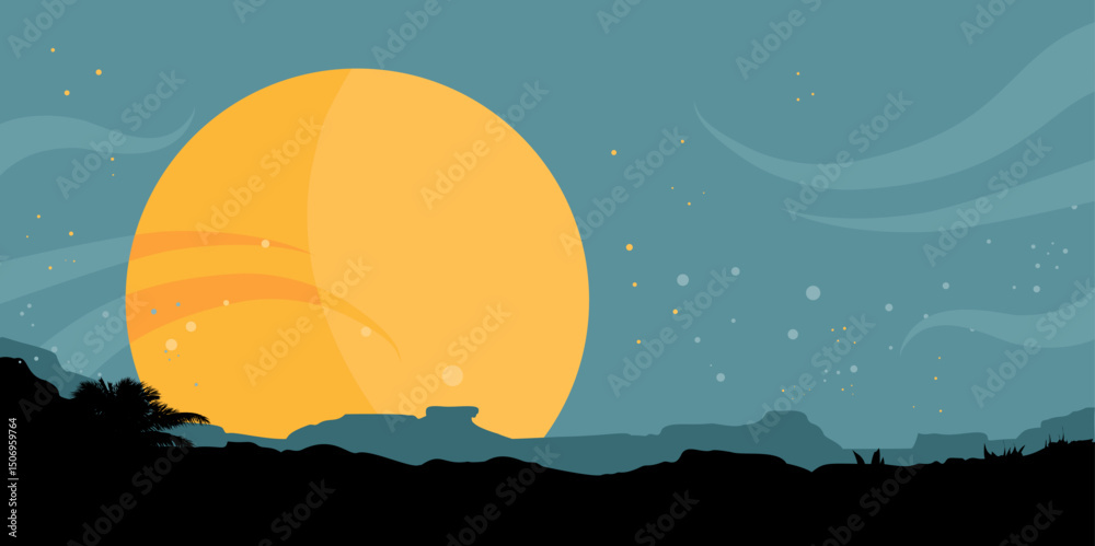 Obraz premium full moon over prairie landscape at night – backround, banner, vector illustration