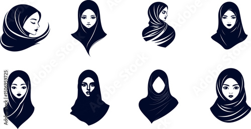 Collection of muslim women wearing hijab isolated on white background