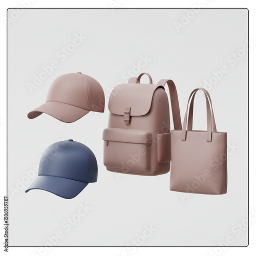 Feminine fashion set with caps and bags, representing women's style.