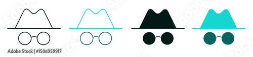 Incognito symbol. Icon set. Internet security, privacy, hacker attack or technology concept. Spy with hat logo for web, ui, or mobile app. Line or solid, color or black sign. Editable vector stroke.