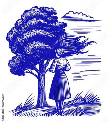 Woman Standing by Tree with Windblown Hair in Engraving Style Artwork