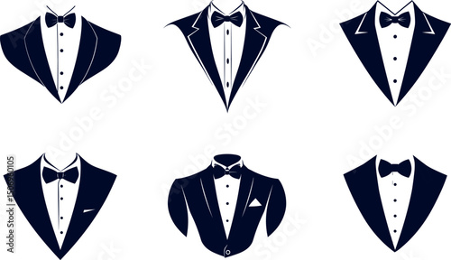 Collection of tuxedo suits with bow ties isolated on white background