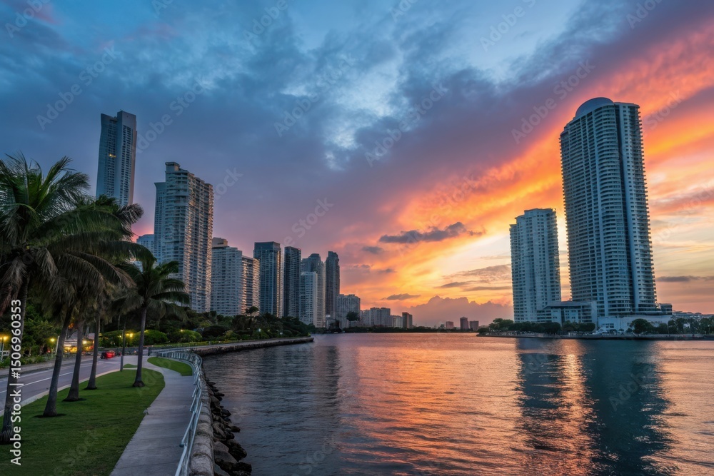 Fototapeta premium Miami skyline sunset with palm trees and waterfront