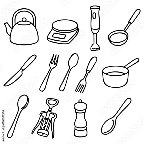 Modern Kitchen Appliances Line Art - Black and White Vector Set