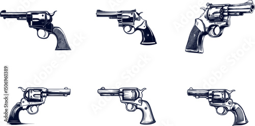 Collection of revolver guns isolated on white background