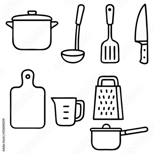 Set of Hand-Drawn Kitchen Utensils - Black and White Line Art Illustration