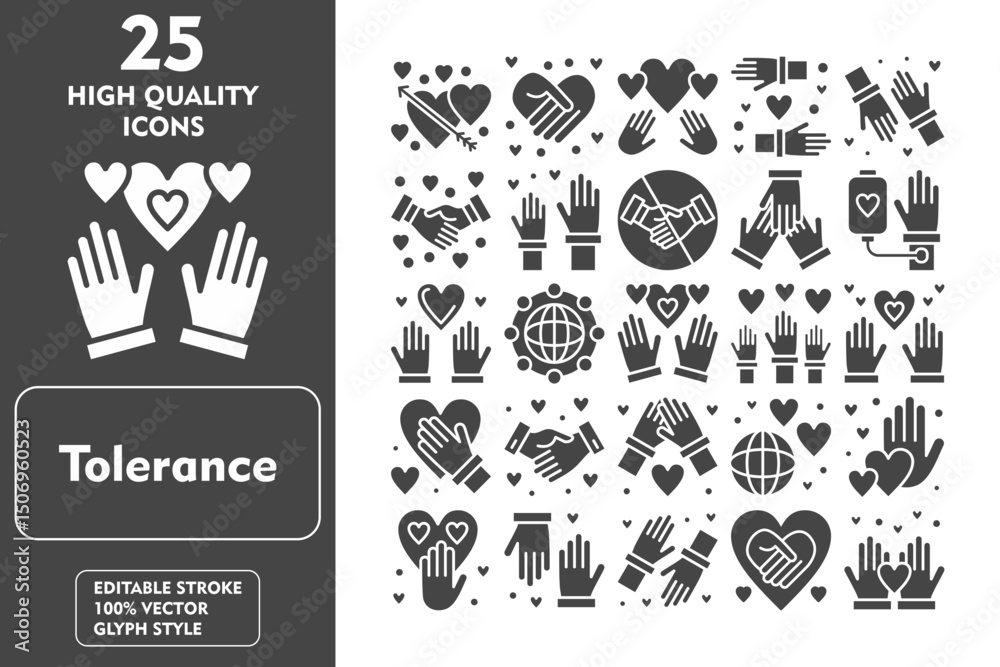 Fototapeta premium Tolerance Glyph Icon Set. Incleded Icons Love, Unity, World, Volunteer, Tolerance, Teamwork, Together, Empathy, Heart. Vector Icons Collection