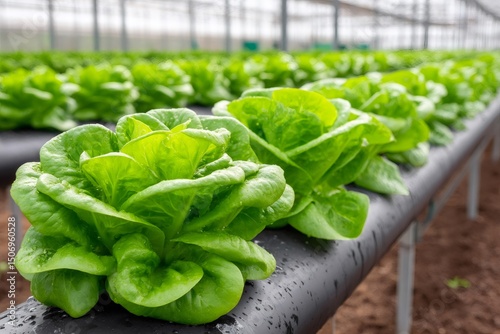 Butterhead lettuce growing in hydroponic system in greenhouse