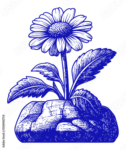 Engraving of a Flower Growing from a Rock in Black and White Style