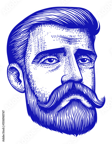 Detailed Engraving of a Man with Mustache and Vintage Style Hair