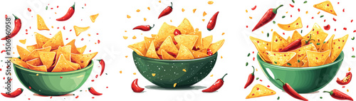 Bowls of tortilla chips and red chili peppers isolated on white background