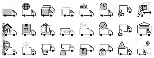 Icons in two tones about delivery truck