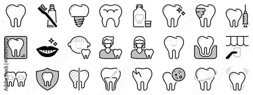 Icons in two tones about dentistry and dental care