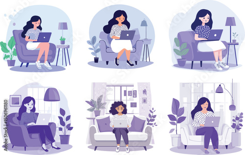 Women working from home with laptop on sofa and armchair design