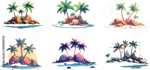 Tropical islands with palm trees and rocks isolated on white background