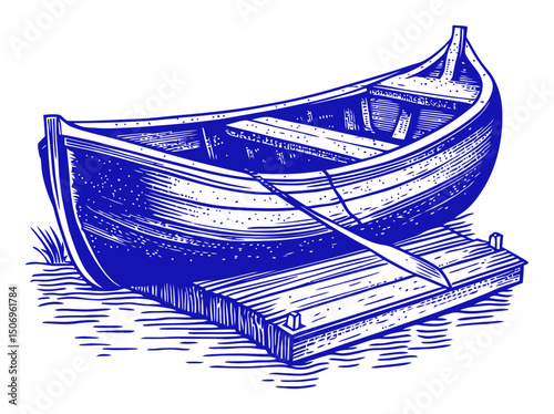Vintage Engraving of a Rowboat on a Dock in Black and White Style