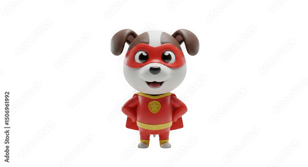 Naklejka premium Cute 3D dog in a red superhero outfit standing confidently. Suitable for superhero-themed designs and kids’ animations.