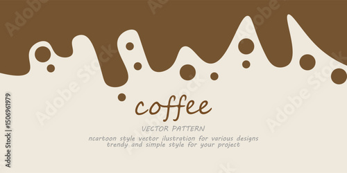 Liquid coffee background. Flat style dripping coffee flat style vector illustration. Dark espresso coffee, cocoa or hot chocolate liquid with drops and splashes. Simple cartoon coffee spill.