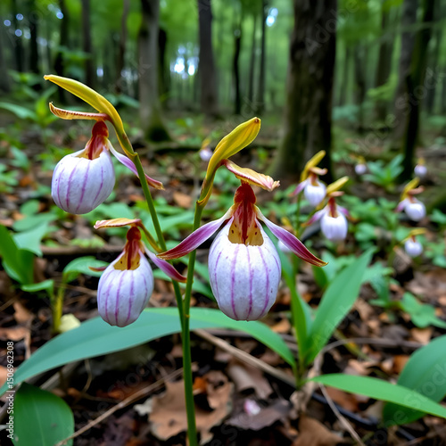 View of Bush  of rare species wild orchids grandiflora Lady's Slipper (Cypripedium ventricosum) in the forest.